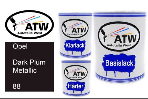 Opel, Dark Plum Metallic, 088: 1L Lackdose + 1L Klarlack + 500ml Härter - Set, von ATW Autoteile West.